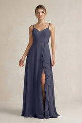 Sweetheart Ruffled A - Line Chiffon Bridesmaid Dress with Slit in Dusk Blue - KISS BRIDAL Bridesmaid Dresses