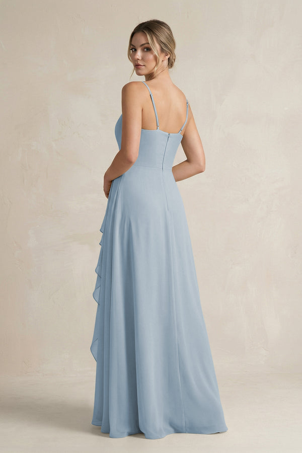 Sweetheart Ruffled A - Line Chiffon Bridesmaid Dress with Slit in Dusty Blue - SHE IS ME Bridesmaid Dresses