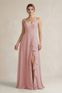 Sweetheart Ruffled A - Line Chiffon Bridesmaid Dress with Slit in Dusty Rose - SHE IS ME Bridesmaid Dresses