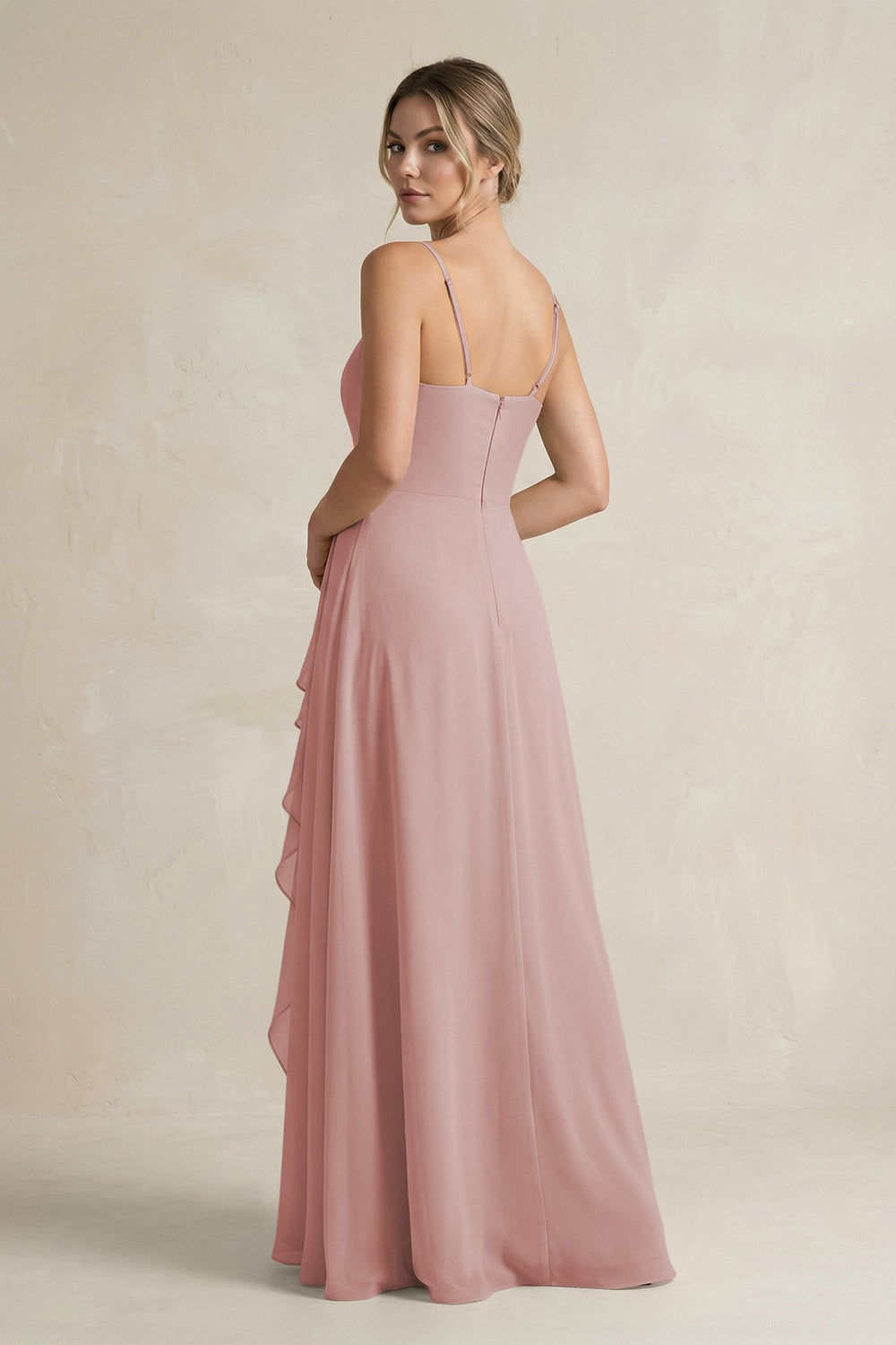 Sweetheart Ruffled A - Line Chiffon Bridesmaid Dress with Slit in Dusty Rose - SHE IS ME Bridesmaid Dresses