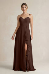 Sweetheart Ruffled A - Line Chiffon Bridesmaid Dress with Slit in Espresso - KISS BRIDAL Bridesmaid Dresses