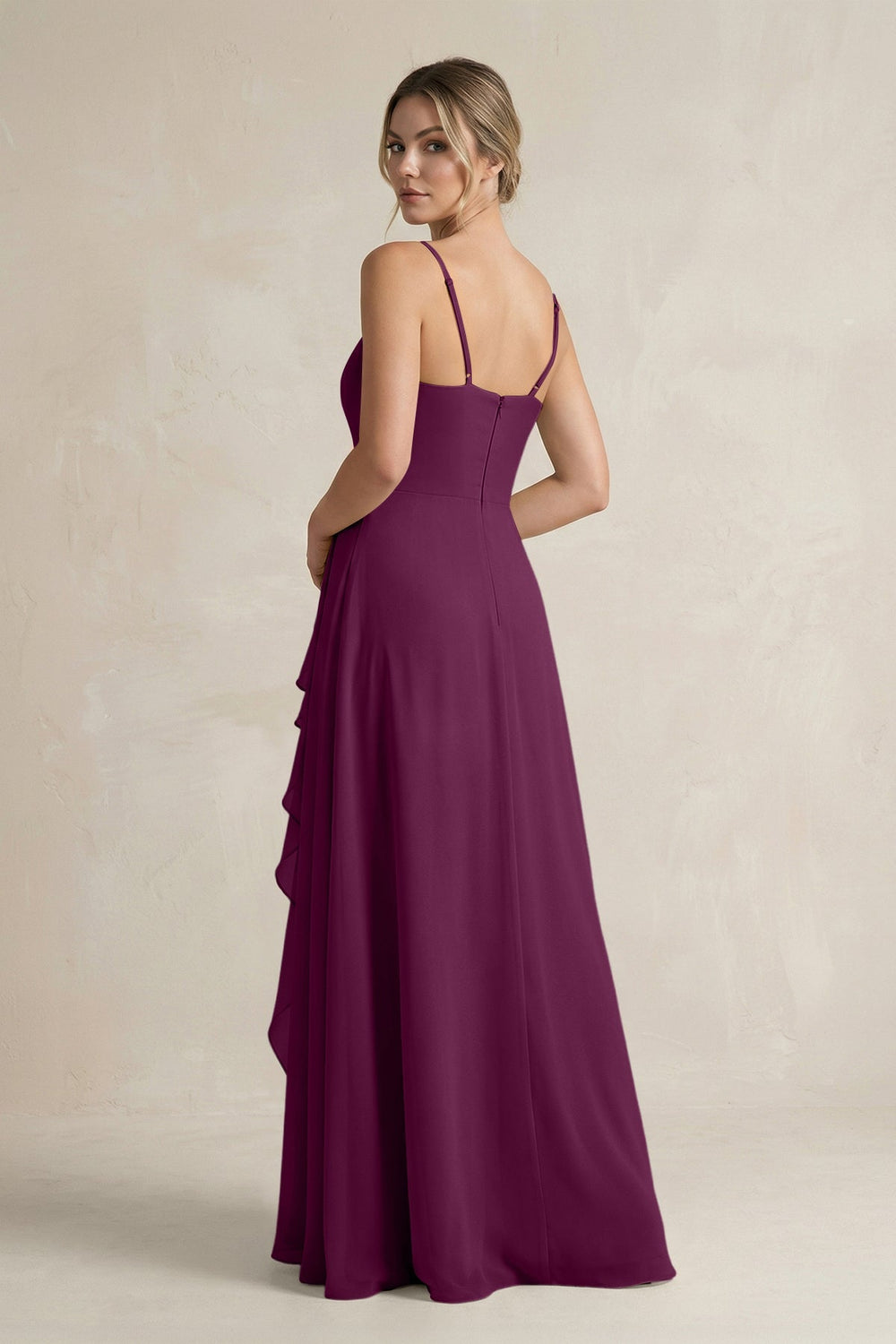 Sweetheart Ruffled A - Line Chiffon Bridesmaid Dress with Slit in Fig - SHE IS ME Bridesmaid Dresses