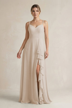 Sweetheart Ruffled A - Line Chiffon Bridesmaid Dress with Slit in Frost - SHE IS ME Bridesmaid Dresses