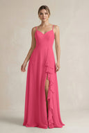 Sweetheart Ruffled A - Line Chiffon Bridesmaid Dress with Slit in Fuchsia - SHE IS ME Bridesmaid Dresses