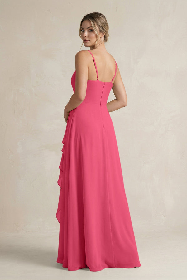 Sweetheart Ruffled A - Line Chiffon Bridesmaid Dress with Slit in Fuchsia - SHE IS ME Bridesmaid Dresses