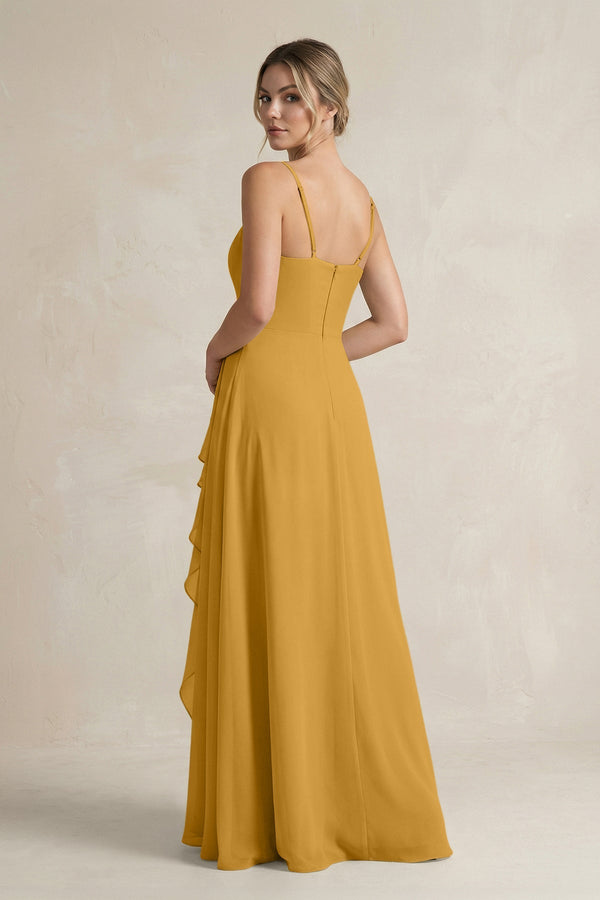 Sweetheart Ruffled A - Line Chiffon Bridesmaid Dress with Slit in Marigold - SHE IS ME Bridesmaid Dresses