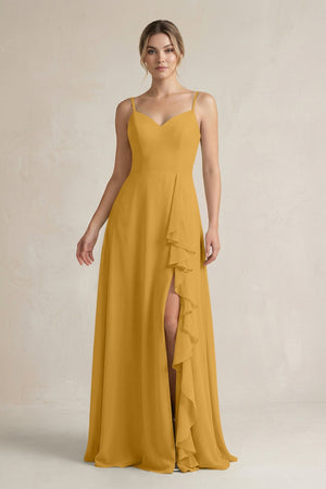 Sweetheart Ruffled A - Line Chiffon Bridesmaid Dress with Slit in Marigold - SHE IS ME Bridesmaid Dresses