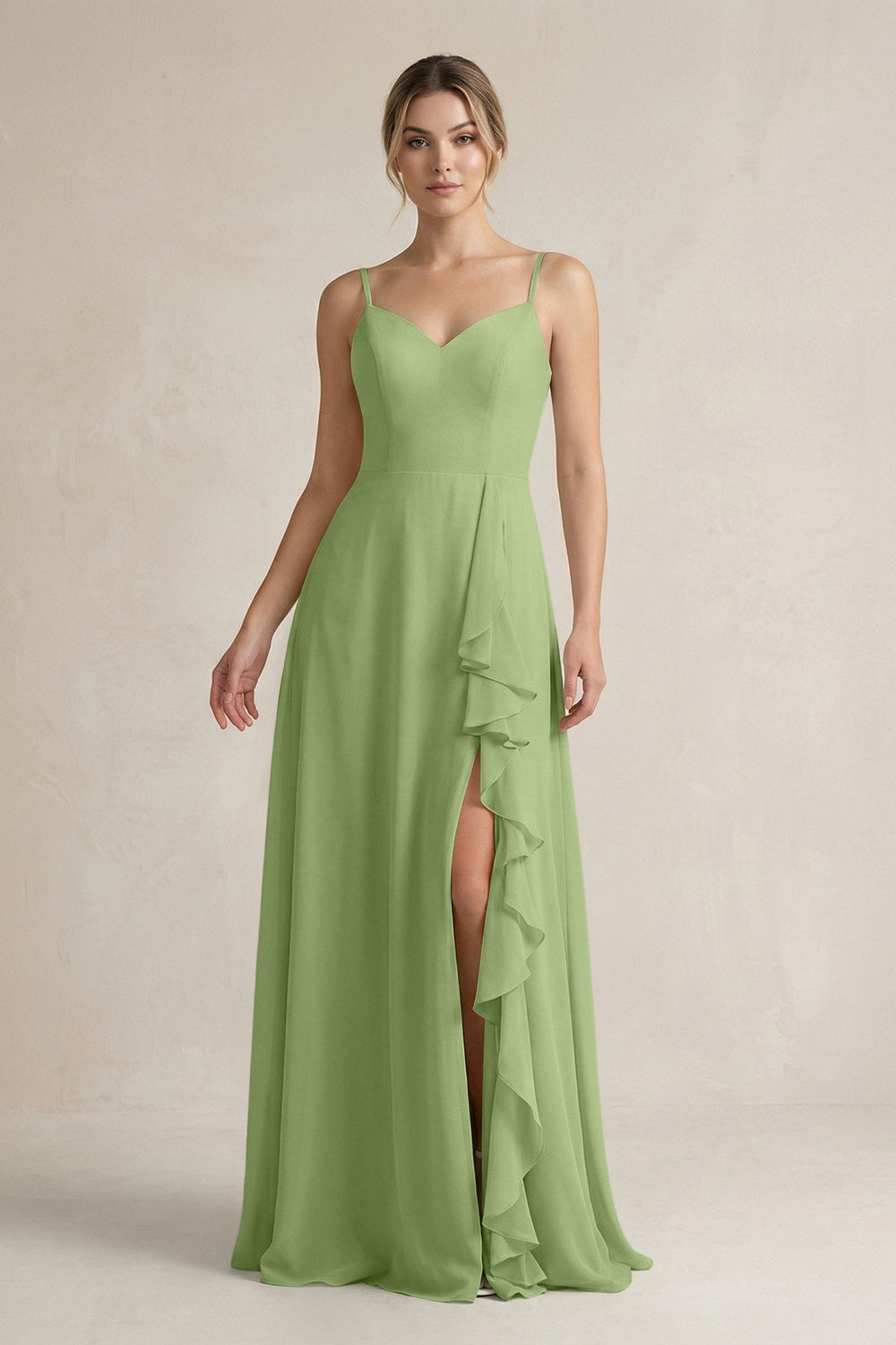 Sweetheart Ruffled A - Line Chiffon Bridesmaid Dress with Slit in Matcha - SHE IS ME Bridesmaid Dresses