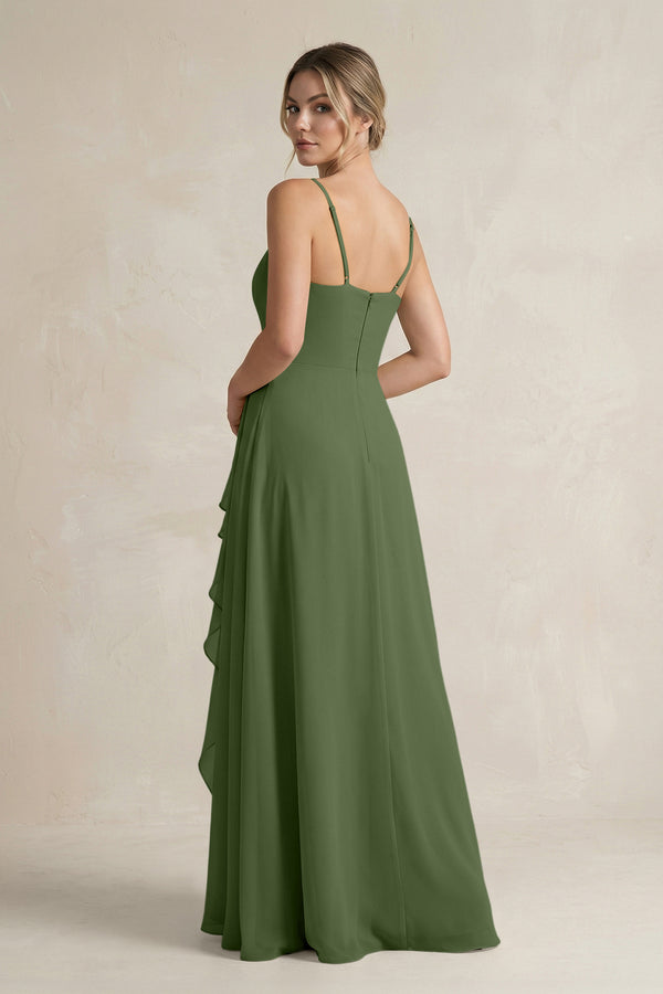 Sweetheart Ruffled A-Line Chiffon Bridesmaid Dress with Slit in Moss (2) | KISSBRIDAL