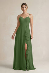 Sweetheart Ruffled A - Line Chiffon Bridesmaid Dress with Slit in Moss - KISS BRIDAL Bridesmaid Dresses