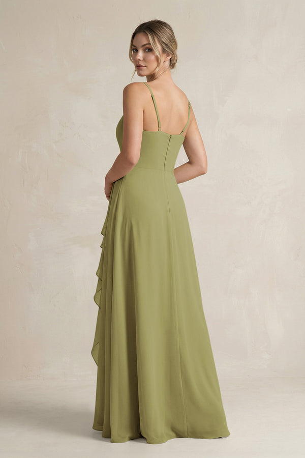 Sweetheart Ruffled A-Line Chiffon Bridesmaid Dress with Slit in Moss Green (2) | KISSBRIDAL