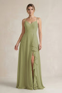 Sweetheart Ruffled A - Line Chiffon Bridesmaid Dress with Slit in Moss Green - SHE IS ME Bridesmaid Dresses