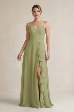 Sweetheart Ruffled A - Line Chiffon Bridesmaid Dress with Slit in Moss Green - SHE IS ME Bridesmaid Dresses