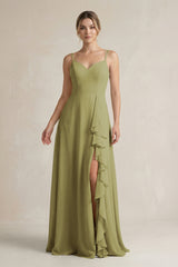 Sweetheart Ruffled A-Line Chiffon Bridesmaid Dress with Slit in Moss Green | KISSBRIDAL
