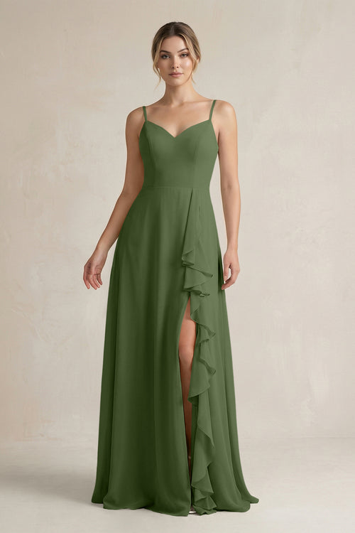 Sweetheart Ruffled A-Line Chiffon Bridesmaid Dress with Slit in Moss | KISSBRIDAL