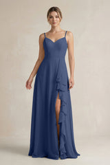 Sweetheart Ruffled A - Line Chiffon Bridesmaid Dress with Slit in Navy - KISS BRIDAL Bridesmaid Dresses