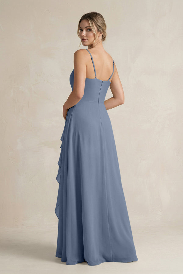 Sweetheart Ruffled A - Line Chiffon Bridesmaid Dress with Slit in Neptune - SHE IS ME Bridesmaid Dresses
