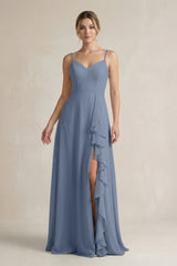 Sweetheart Ruffled A - Line Chiffon Bridesmaid Dress with Slit in Neptune - KISS BRIDAL Bridesmaid Dresses