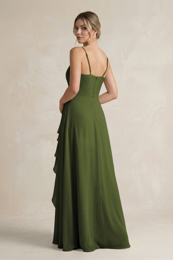 Sweetheart Ruffled A - Line Chiffon Bridesmaid Dress with Slit in Olive - SHE IS ME Bridesmaid Dresses