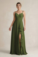 Sweetheart Ruffled A - Line Chiffon Bridesmaid Dress with Slit in Olive - SHE IS ME Bridesmaid Dresses