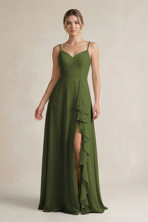 Sweetheart Ruffled A - Line Chiffon Bridesmaid Dress with Slit in Olive - SHE IS ME Bridesmaid Dresses
