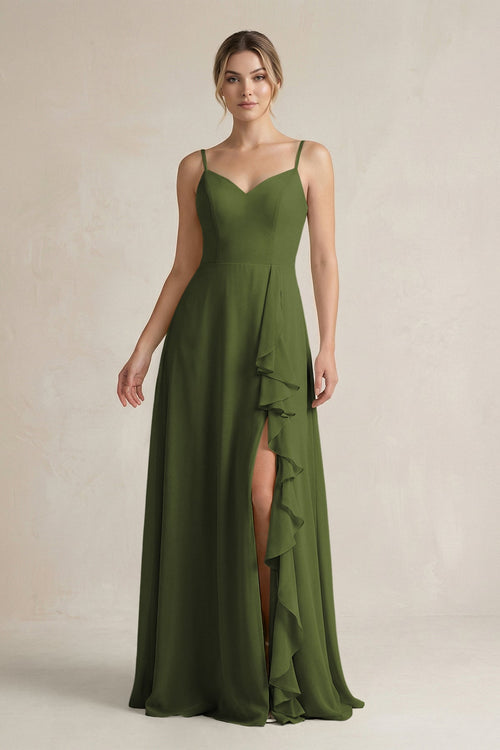 Sweetheart Ruffled A - Line Chiffon Bridesmaid Dress with Slit in Olive - SHE IS ME Bridesmaid Dresses