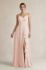 Sweetheart Ruffled A - Line Chiffon Bridesmaid Dress with Slit in Pale Blush - KISS BRIDAL Bridesmaid Dresses