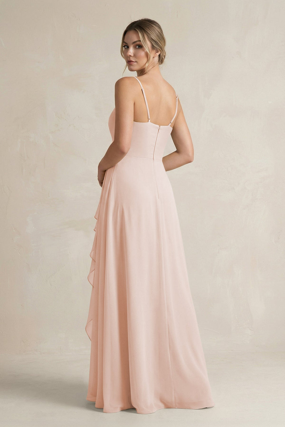 Sweetheart Ruffled A - Line Chiffon Bridesmaid Dress with Slit in Pale Blush - SHE IS ME Bridesmaid Dresses