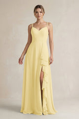 Sweetheart Ruffled A - Line Chiffon Bridesmaid Dress with Slit in Pastel Yellow - KISS BRIDAL Bridesmaid Dresses