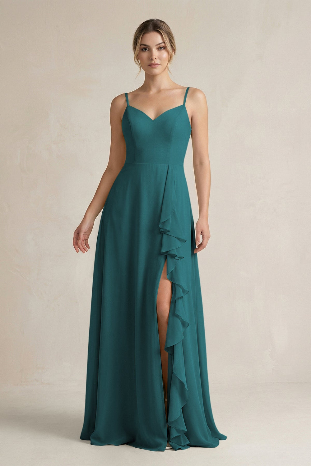Sweetheart Ruffled A - Line Chiffon Bridesmaid Dress with Slit in Pine - SHE IS ME Bridesmaid Dresses