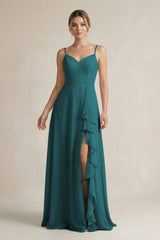 Sweetheart Ruffled A - Line Chiffon Bridesmaid Dress with Slit in Pine - KISS BRIDAL Bridesmaid Dresses