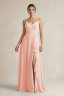 Sweetheart Ruffled A - Line Chiffon Bridesmaid Dress with Slit in Rose Petal - SHE IS ME Bridesmaid Dresses