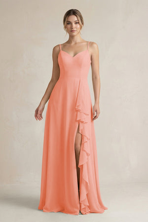 Sweetheart Ruffled A - Line Chiffon Bridesmaid Dress with Slit in Rosette - SHE IS ME Bridesmaid Dresses