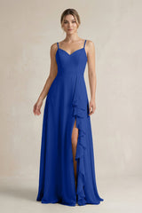 Sweetheart Ruffled A - Line Chiffon Bridesmaid Dress with Slit in Royal Blue - KISS BRIDAL Bridesmaid Dresses