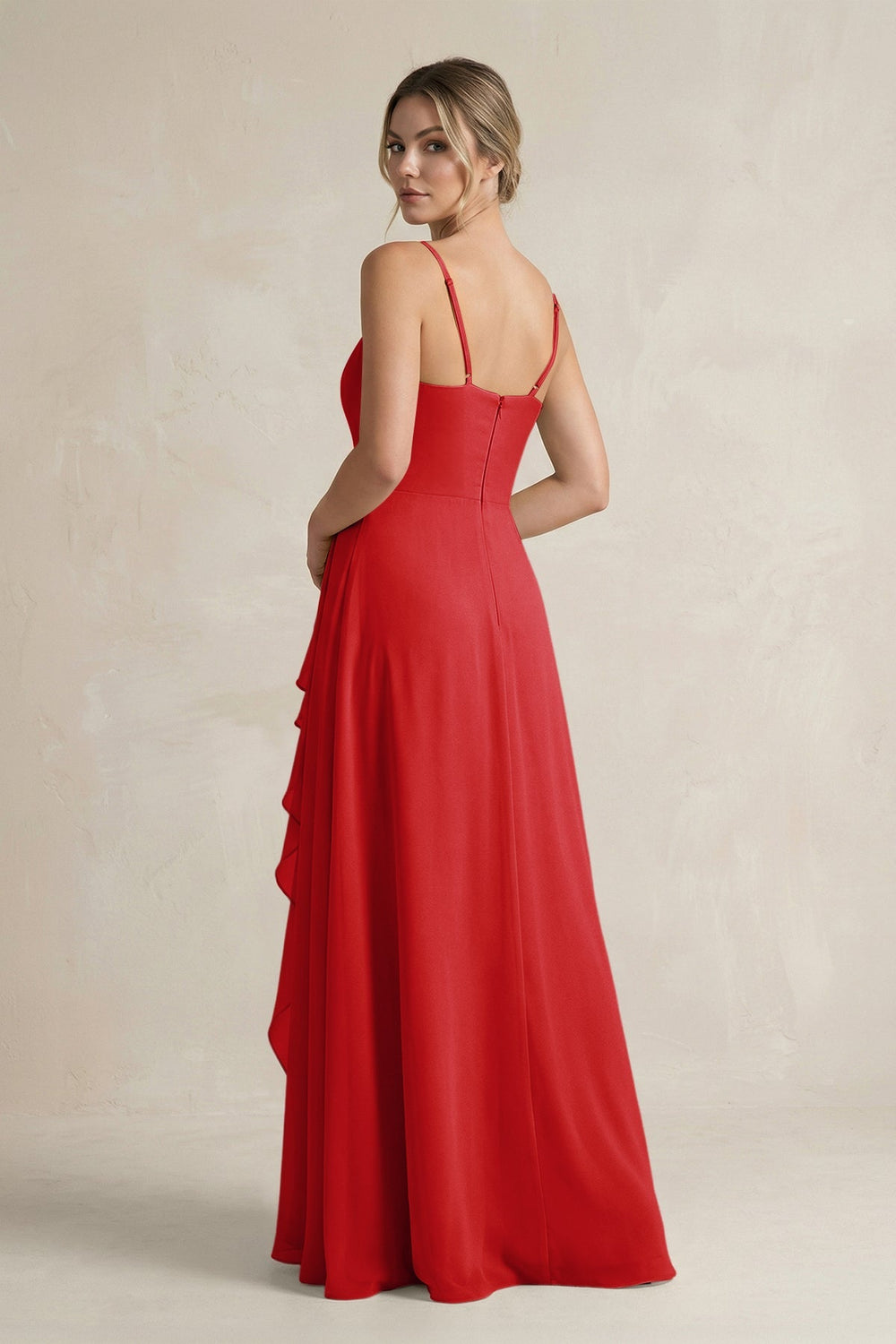 Sweetheart Ruffled A - Line Chiffon Bridesmaid Dress with Slit in Ruby Red - SHE IS ME Bridesmaid Dresses