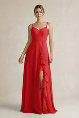 Sweetheart Ruffled A - Line Chiffon Bridesmaid Dress with Slit in Ruby Red - KISS BRIDAL Bridesmaid Dresses