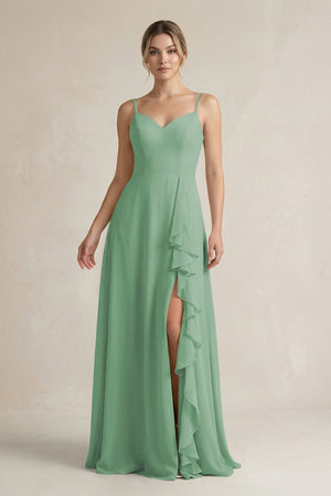 Sweetheart Ruffled A - Line Chiffon Bridesmaid Dress with Slit in Sea Glass - SHE IS ME Bridesmaid Dresses