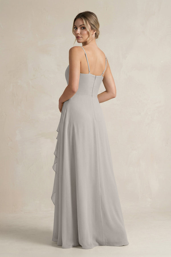 Sweetheart Ruffled A - Line Chiffon Bridesmaid Dress with Slit in Silver - SHE IS ME Bridesmaid Dresses