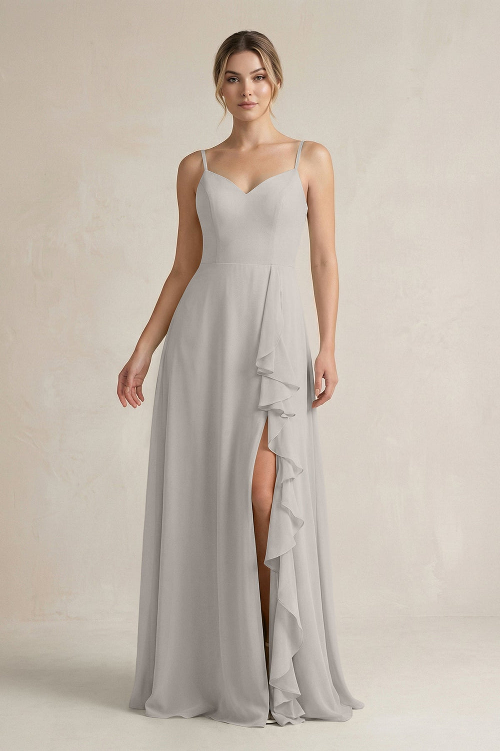 Sweetheart Ruffled A - Line Chiffon Bridesmaid Dress with Slit in Silver - SHE IS ME Bridesmaid Dresses