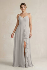 Sweetheart Ruffled A - Line Chiffon Bridesmaid Dress with Slit in Silver - KISS BRIDAL Bridesmaid Dresses