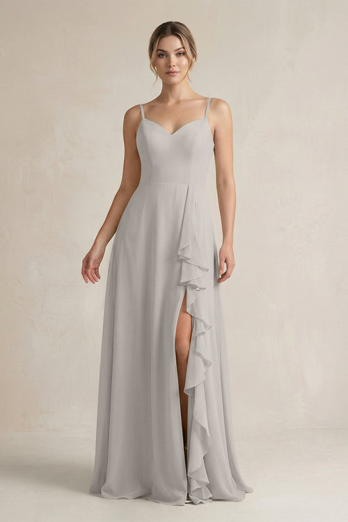 Sweetheart Ruffled A - Line Chiffon Bridesmaid Dress with Slit in Silver - SHE IS ME Bridesmaid Dresses