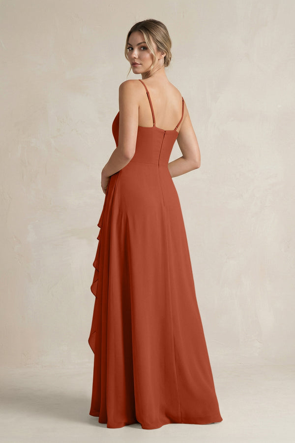 Sweetheart Ruffled A - Line Chiffon Bridesmaid Dress with Slit in Spice - SHE IS ME Bridesmaid Dresses