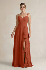 Sweetheart Ruffled A - Line Chiffon Bridesmaid Dress with Slit in Spice - KISS BRIDAL Bridesmaid Dresses
