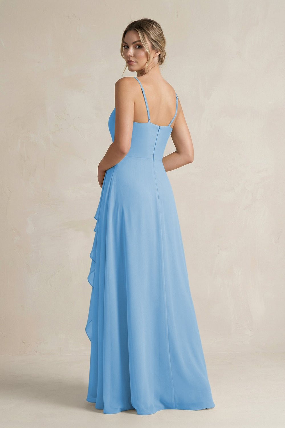 Sweetheart Ruffled A - Line Chiffon Bridesmaid Dress with Slit in Steel Blue - SHE IS ME Bridesmaid Dresses