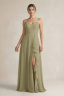 Sweetheart Ruffled A - Line Chiffon Bridesmaid Dress with Slit in Thyme - SHE IS ME Bridesmaid Dresses