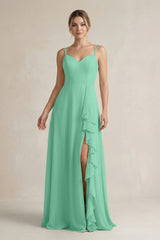 Sweetheart Ruffled A - Line Chiffon Bridesmaid Dress with Slit in Turquoise - KISS BRIDAL Bridesmaid Dresses