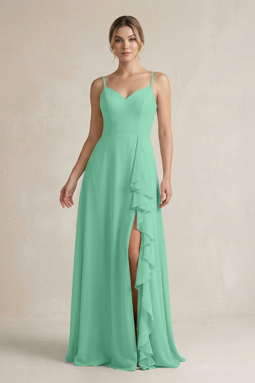 Sweetheart Ruffled A - Line Chiffon Bridesmaid Dress with Slit in Turquoise - SHE IS ME Bridesmaid Dresses