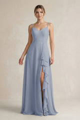 Sweetheart Ruffled A - Line Chiffon Bridesmaid Dress with Slit in Twilight - KISS BRIDAL Bridesmaid Dresses