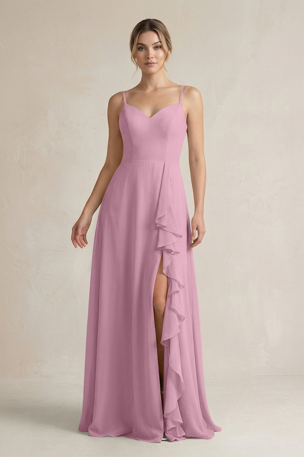 Sweetheart Ruffled A - Line Chiffon Bridesmaid Dress with Slit in Vintage Mauve - SHE IS ME Bridesmaid Dresses