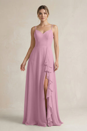 Sweetheart Ruffled A - Line Chiffon Bridesmaid Dress with Slit in Vintage Mauve - SHE IS ME Bridesmaid Dresses
